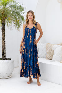 Womens Harlow Maxi Dress in navy and copper tie dye, in soft lightweight rayon, with pockets and adjustable tie straps. 