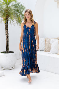 Womens Harlow Maxi Dress in navy and copper tie dye, in soft lightweight rayon, with pockets and adjustable tie straps. 