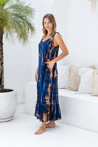 Womens Harlow Maxi Dress in navy and copper tie dye, in soft lightweight rayon, with pockets and adjustable tie straps. 