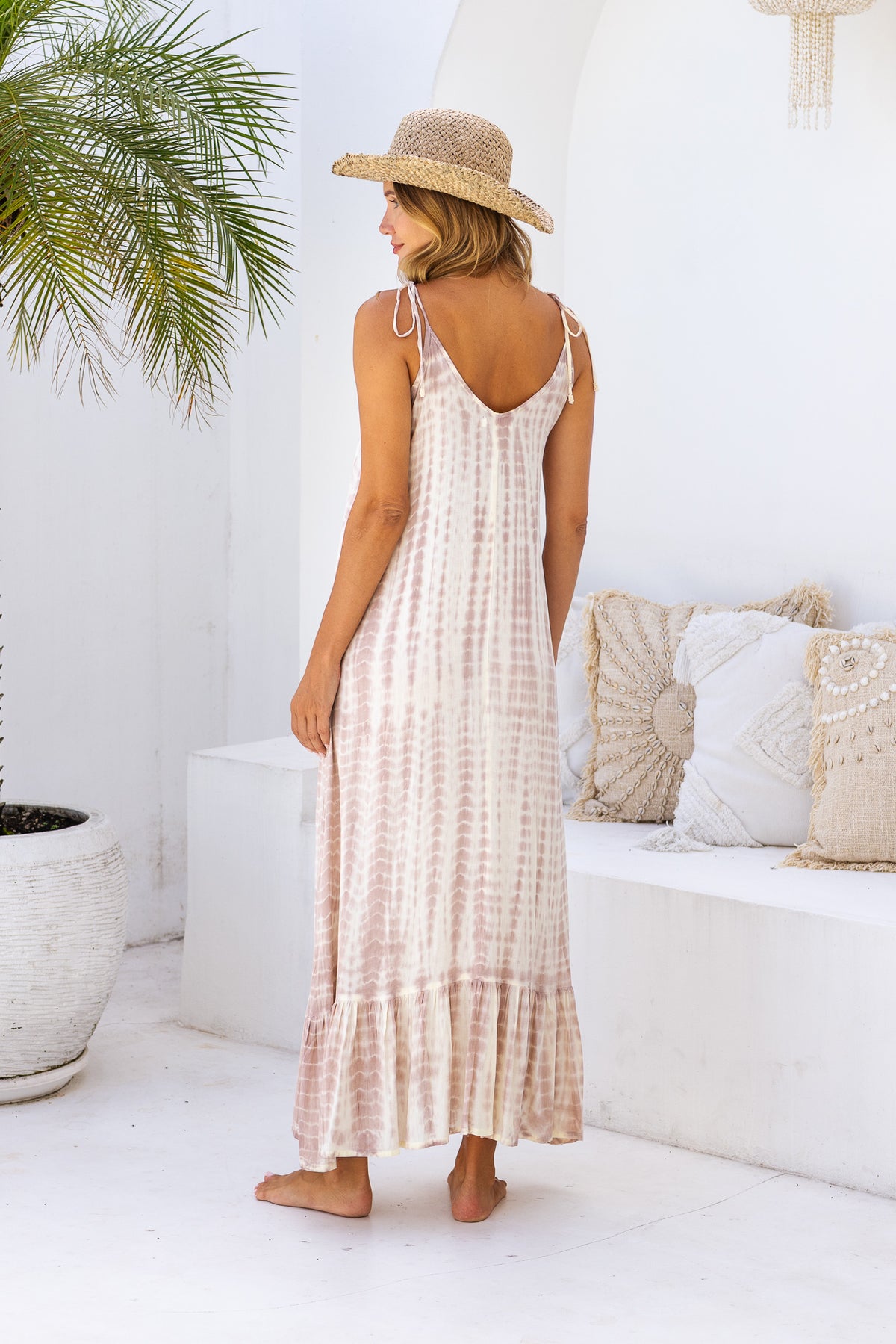 Womens Harlow Maxi Dress in pink and cream tie dye, in soft lightweight rayon, with pockets and adjustable tie straps. 