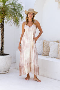 Womens Harlow Maxi Dress in pink and cream tie dye, in soft lightweight rayon, with pockets and adjustable tie straps. 