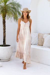 Womens Harlow Maxi Dress in pink and cream tie dye, in soft lightweight rayon, with pockets and adjustable tie straps. 