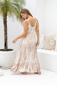 Womens Harlow Maxi Dress in pink and cream tie dye, in soft lightweight rayon, with pockets and adjustable tie straps. Plus size fit.