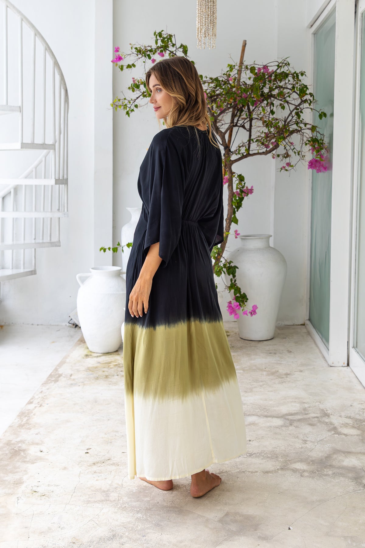 Womens Jasmin Maxi Dress in black ombré finish, in soft lightweight rayon, with side splits, pockets and hand beaded detailing.