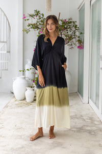 Womens Jasmin Maxi Dress in black ombré finish, in soft lightweight rayon, with side splits, pockets and hand beaded detailing.