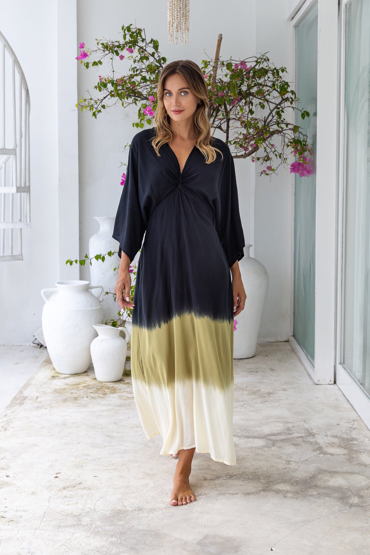 Womens Jasmin Maxi Dress in black ombré finish, in soft lightweight rayon, with side splits, pockets and hand beaded detailing.