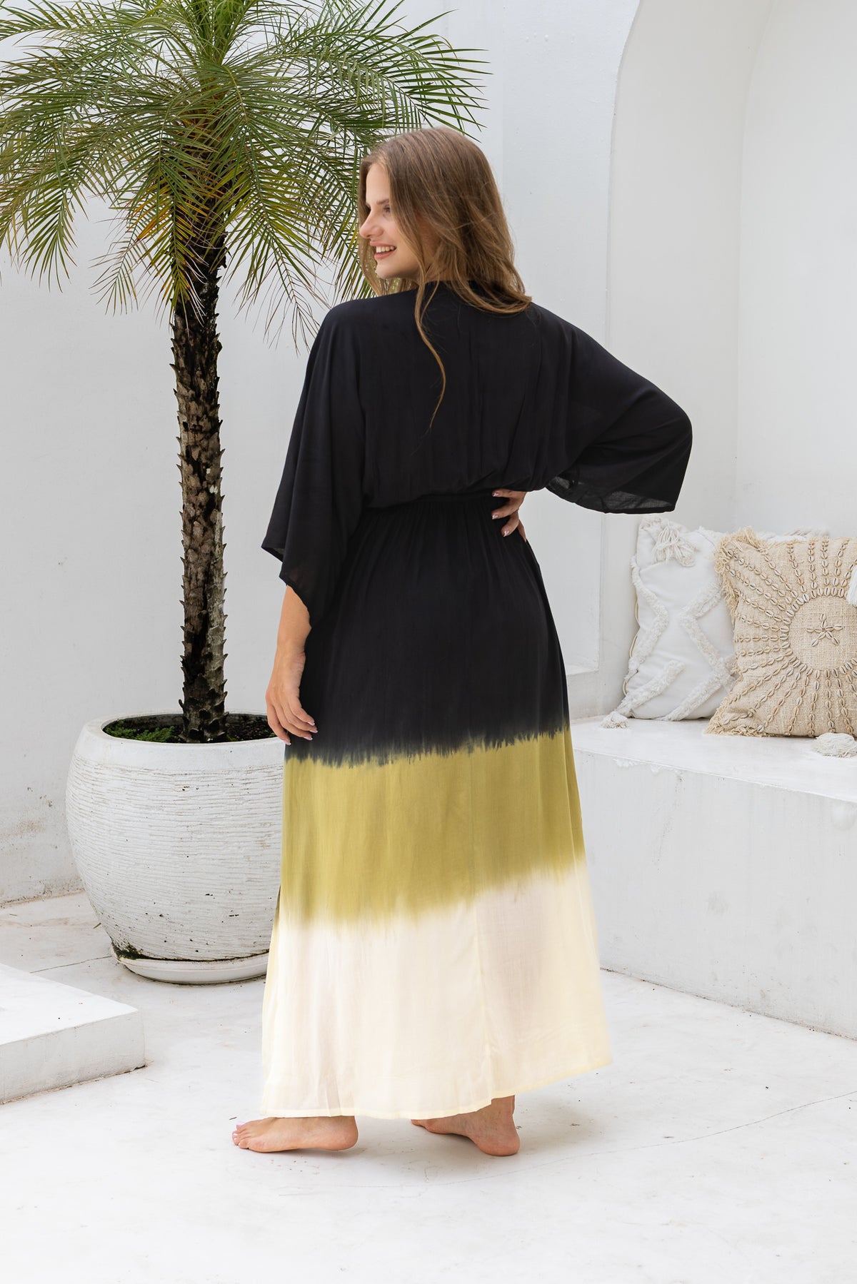 Womens Jasmin Maxi Dress in black ombré finish, in soft lightweight rayon, with side splits, pockets and hand beaded detailing. Plus size fit.