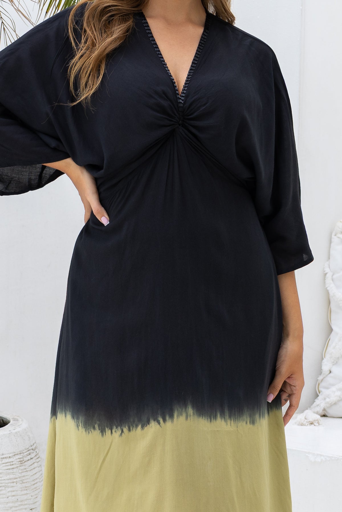 Womens Jasmin Maxi Dress in black ombré finish, in soft lightweight rayon, with side splits, pockets and hand beaded detailing. Plus size fit.