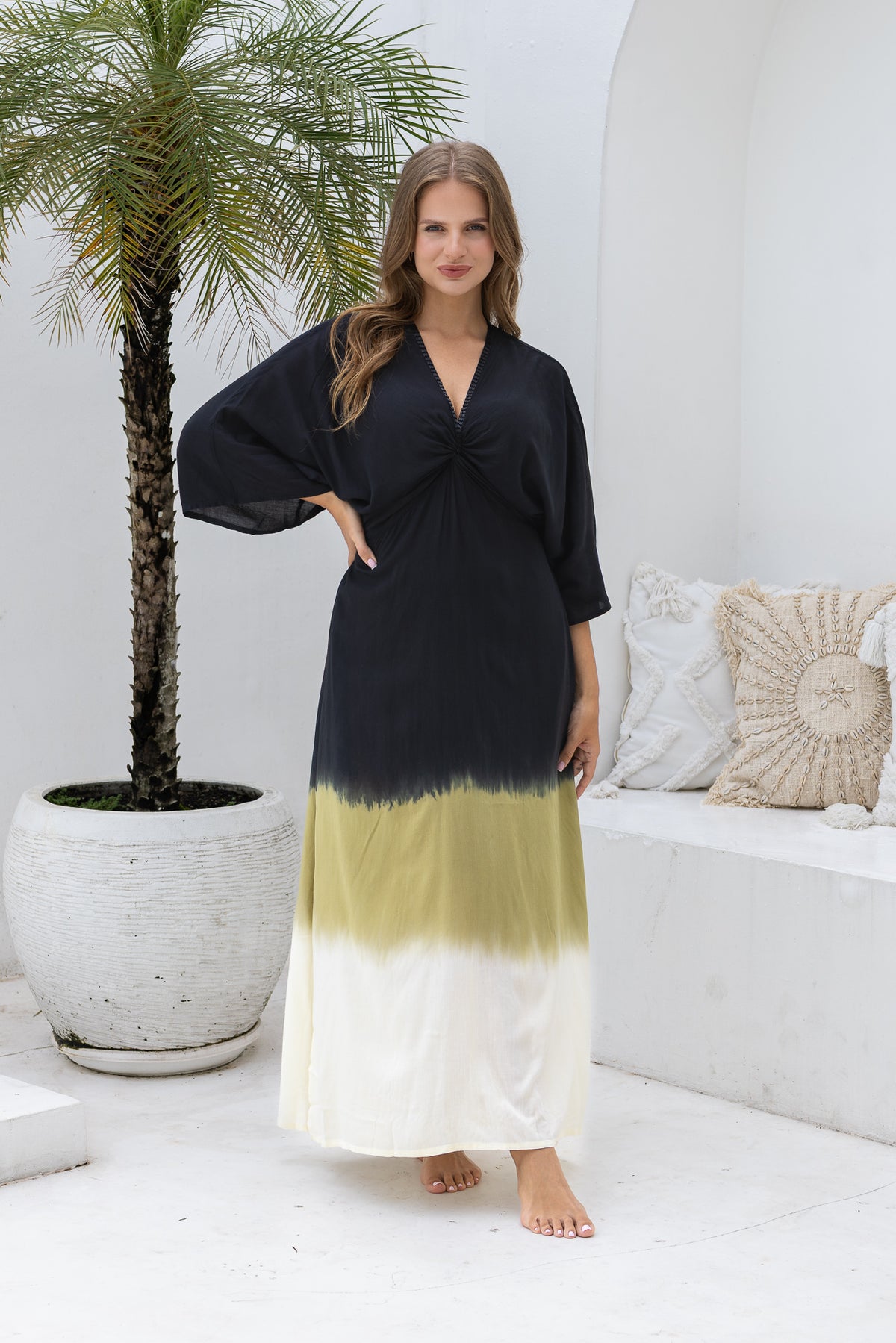 Womens Jasmin Maxi Dress in black ombré finish, in soft lightweight rayon, with side splits, pockets and hand beaded detailing. Plus size fit.