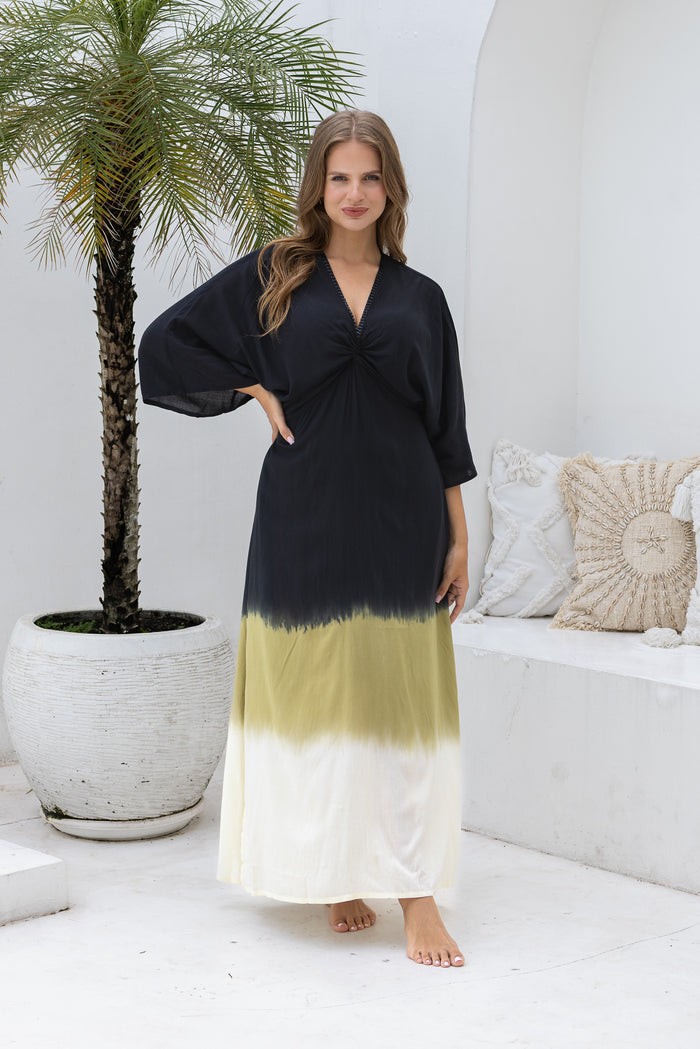 Womens Jasmin Maxi Dress in black ombré finish, in soft lightweight rayon, with side splits, pockets and hand beaded detailing. Plus size fit.