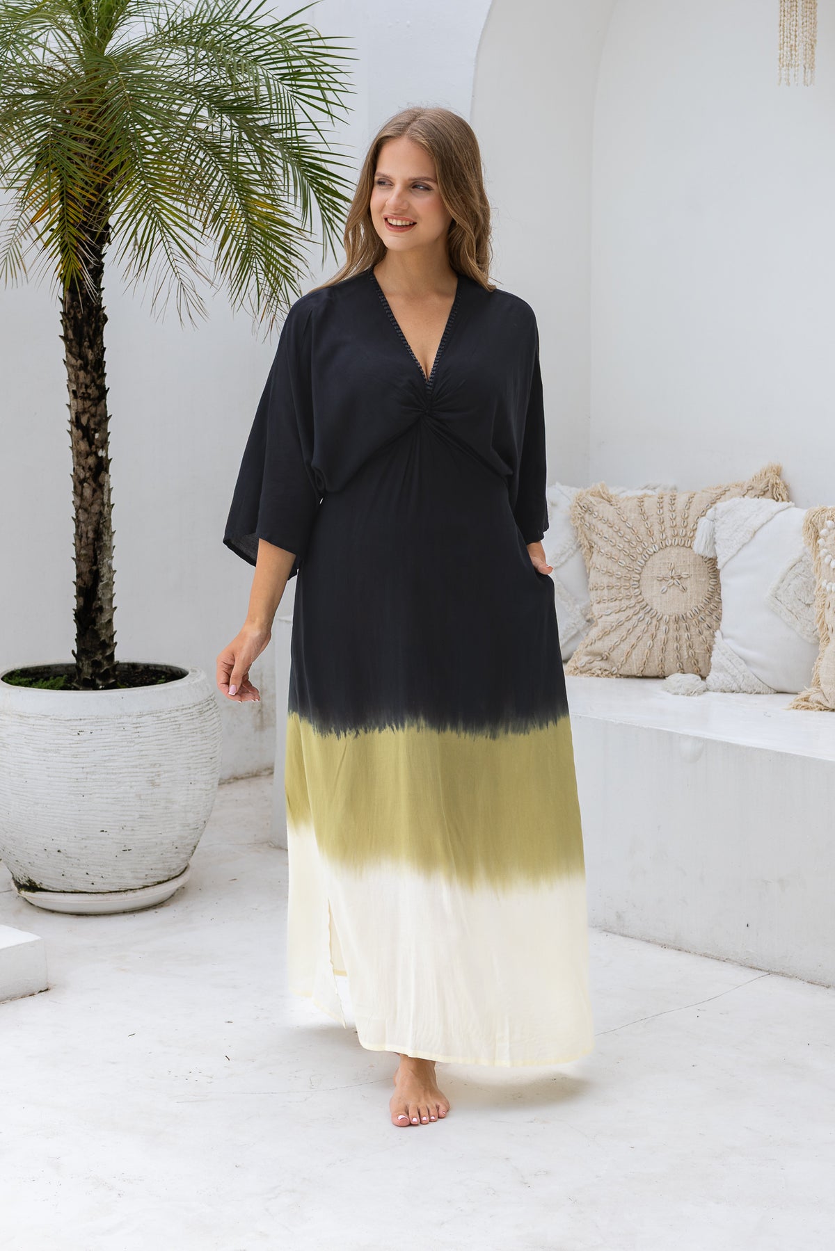 Womens Jasmin Maxi Dress in black ombré finish, in soft lightweight rayon, with side splits, pockets and hand beaded detailing. Plus size fit.