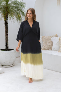 Womens Jasmin Maxi Dress in black ombré finish, in soft lightweight rayon, with side splits, pockets and hand beaded detailing. Plus size fit.