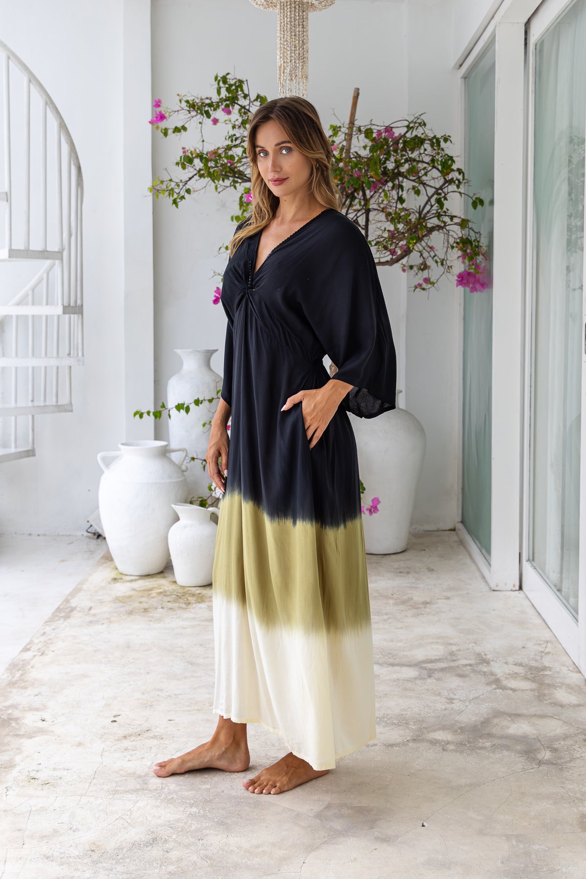 Womens Jasmin Maxi Dress in black ombré finish, in soft lightweight rayon, with side splits, pockets and hand beaded detailing.