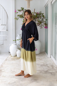 Womens Jasmin Maxi Dress in black ombré finish, in soft lightweight rayon, with side splits, pockets and hand beaded detailing.