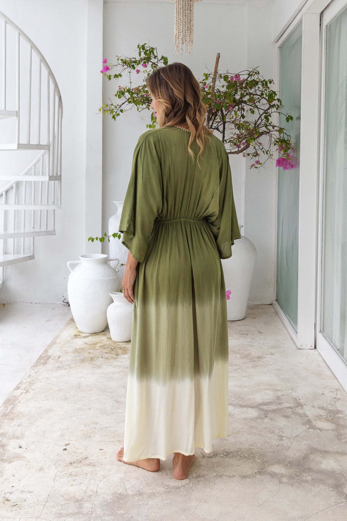 Womens Jasmin Maxi Dress in khaki ombre finish, in soft lightweight rayon, with side splits, pockets and hand beaded detailing.