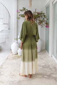 Womens Jasmin Maxi Dress in khaki ombre finish, in soft lightweight rayon, with side splits, pockets and hand beaded detailing.