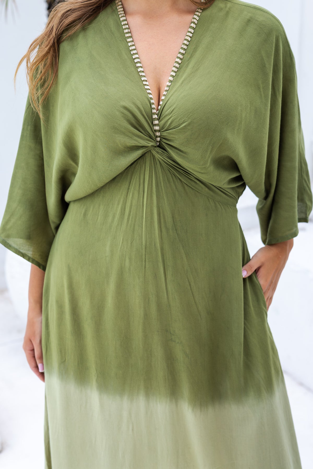 Womens Jasmin Maxi Dress in khaki ombre finish, in soft lightweight rayon, with side splits, pockets and hand beaded detailing. Plus size fit.