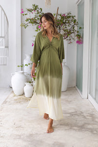 Womens Jasmin Maxi Dress in khaki ombre finish, in soft lightweight rayon, with side splits, pockets and hand beaded detailing.