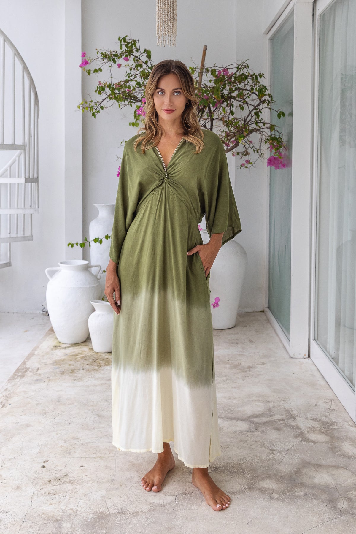 Womens Jasmin Maxi Dress in khaki ombre finish, in soft lightweight rayon, with side splits, pockets and hand beaded detailing.