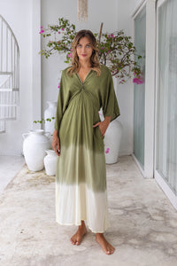 Womens Jasmin Maxi Dress in khaki ombre finish, in soft lightweight rayon, with side splits, pockets and hand beaded detailing.