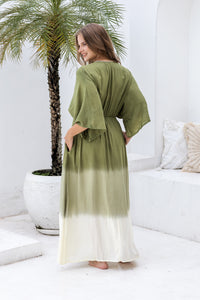 Womens Jasmin Maxi Dress in khaki ombre finish, in soft lightweight rayon, with side splits, pockets and hand beaded detailing. Plus size fit.