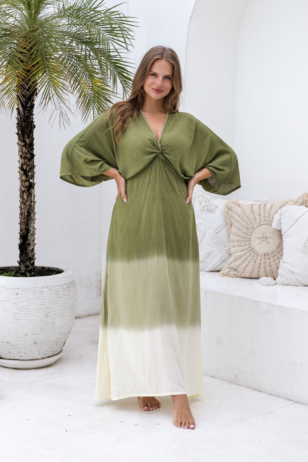 Womens Jasmin Maxi Dress in khaki ombre finish, in soft lightweight rayon, with side splits, pockets and hand beaded detailing. Plus size fit.