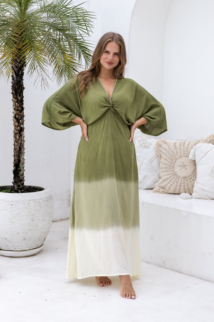Womens Jasmin Maxi Dress in khaki ombre finish, in soft lightweight rayon, with side splits, pockets and hand beaded detailing. Plus size fit.