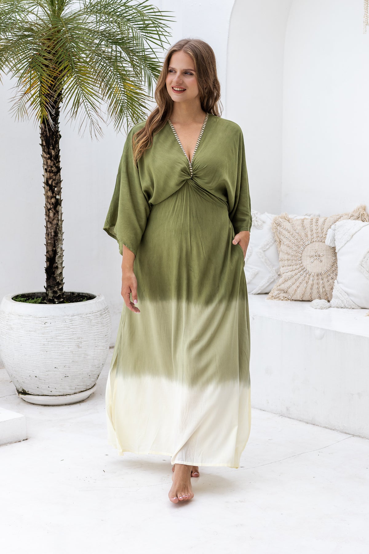 Womens Jasmin Maxi Dress in khaki ombre finish, in soft lightweight rayon, with side splits, pockets and hand beaded detailing. Plus size fit.