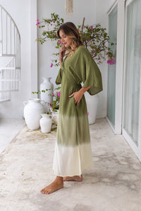 Womens Jasmin Maxi Dress in khaki ombre finish, in soft lightweight rayon, with side splits, pockets and hand beaded detailing.