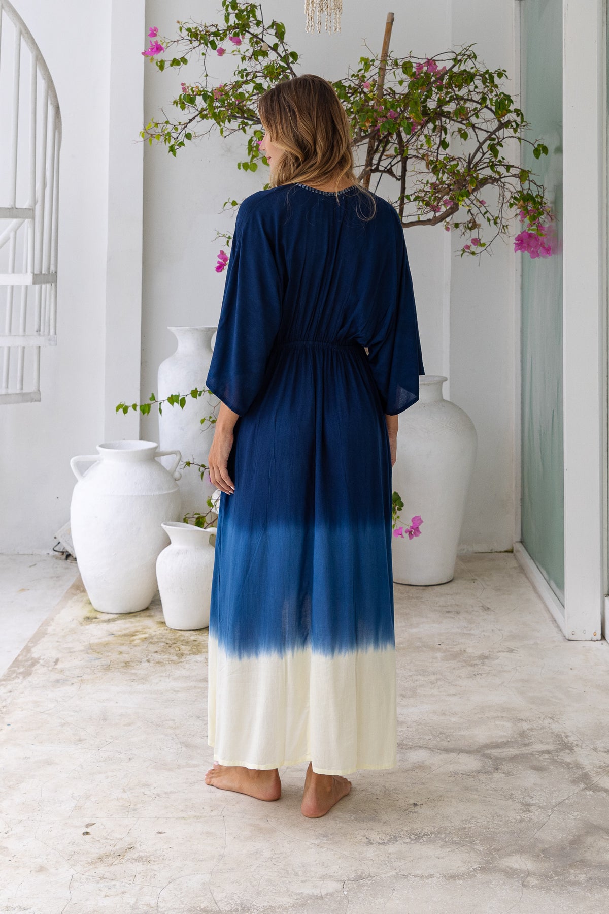 Womens Jasmin Maxi Dress in navy ombre finish, in soft lightweight rayon, with side splits, pockets and hand beaded detailing.
