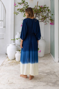 Womens Jasmin Maxi Dress in navy ombre finish, in soft lightweight rayon, with side splits, pockets and hand beaded detailing.