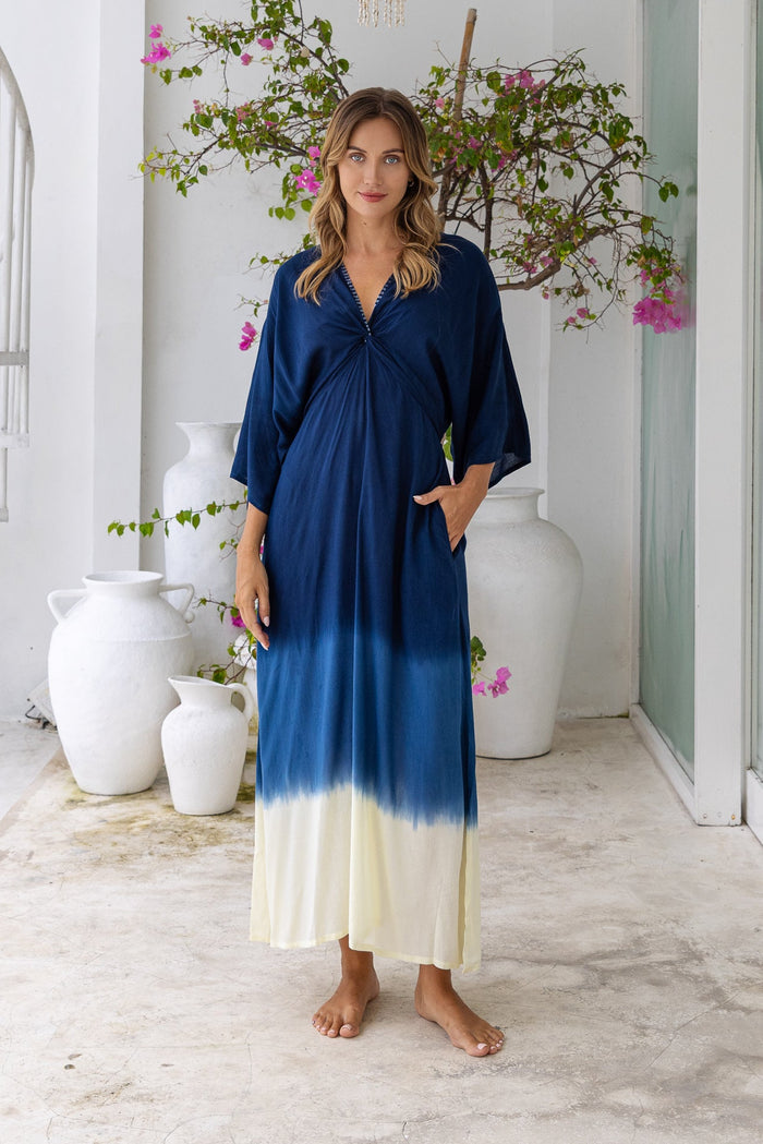 Womens Jasmin Maxi Dress in navy ombre finish, in soft lightweight rayon, with side splits, pockets and hand beaded detailing.