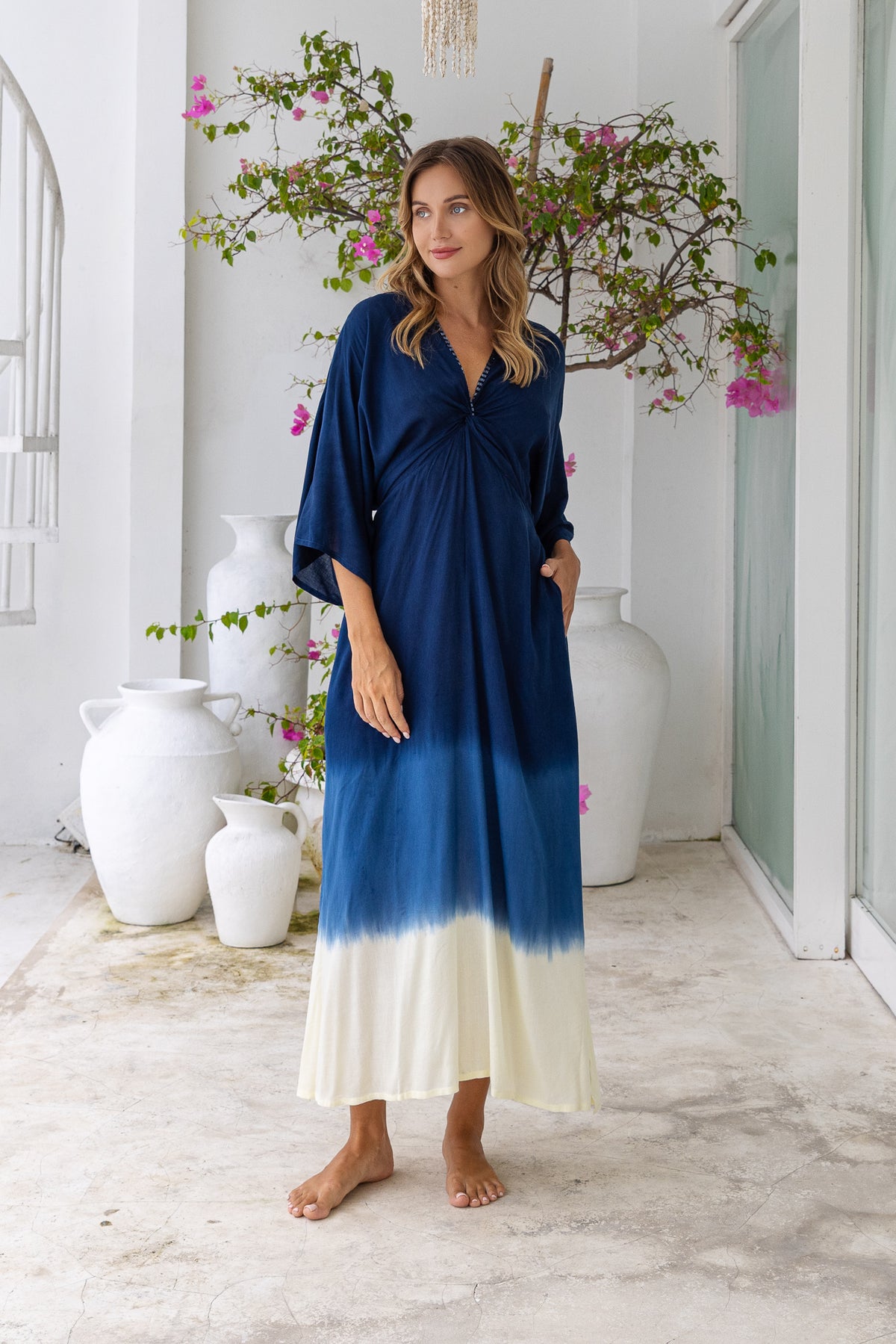Womens Jasmin Maxi Dress in navy ombre finish, in soft lightweight rayon, with side splits, pockets and hand beaded detailing.
