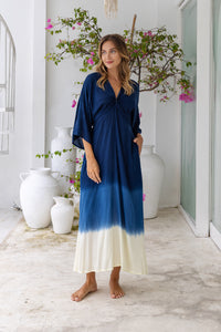 Womens Jasmin Maxi Dress in navy ombre finish, in soft lightweight rayon, with side splits, pockets and hand beaded detailing.