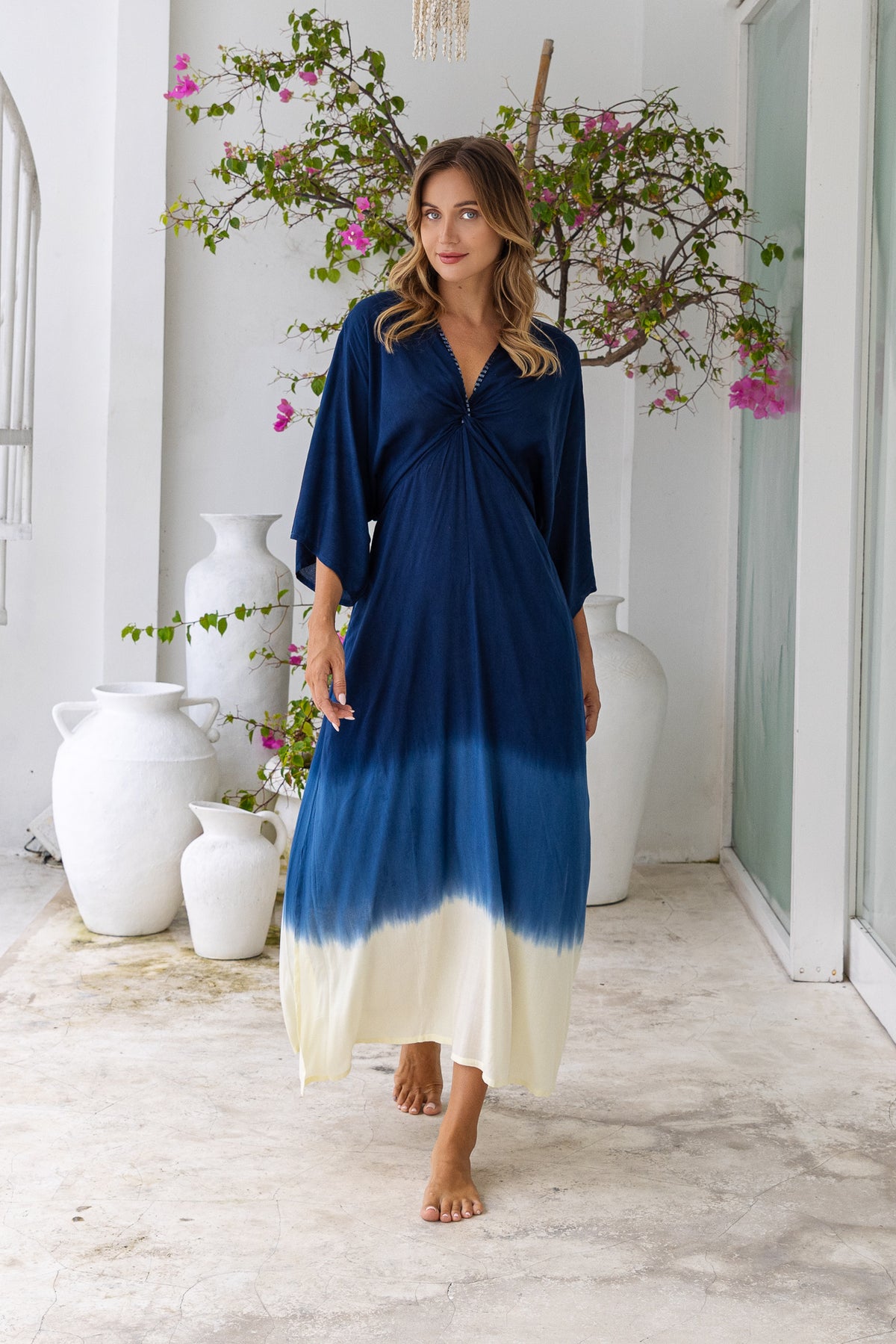 Womens Jasmin Maxi Dress in navy ombre finish, in soft lightweight rayon, with side splits, pockets and hand beaded detailing.