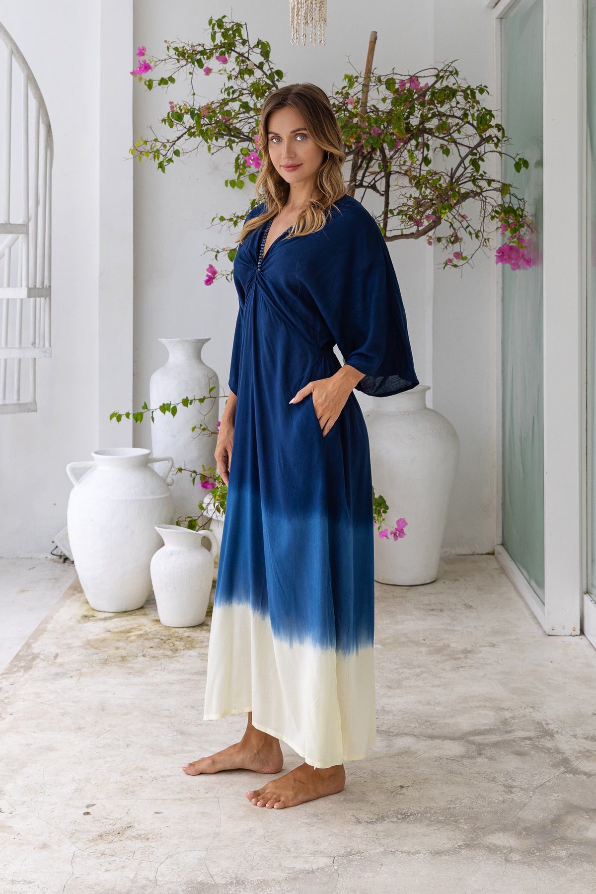 Womens Jasmin Maxi Dress in navy ombre finish, in soft lightweight rayon, with side splits, pockets and hand beaded detailing.