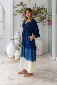 Womens Jasmin Maxi Dress in navy ombre finish, in soft lightweight rayon, with side splits, pockets and hand beaded detailing.