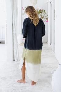 Womens Lisy maxi shirt dress in black ombré finish, in soft lightweight rayon, with  a button down front, cuffed long sleeves, side splits, discreet pockets and a detachable belt.
