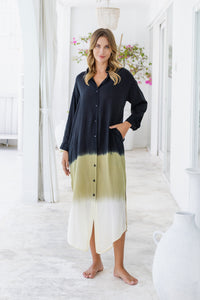 Womens Lisy maxi shirt dress in black ombré finish, in soft lightweight rayon, with  a button down front, cuffed long sleeves, side splits, discreet pockets and a detachable belt.