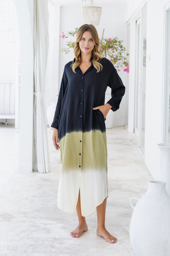 Womens Lisy maxi shirt dress in black ombré finish, in soft lightweight rayon, with  a button down front, cuffed long sleeves, side splits, discreet pockets and a detachable belt.
