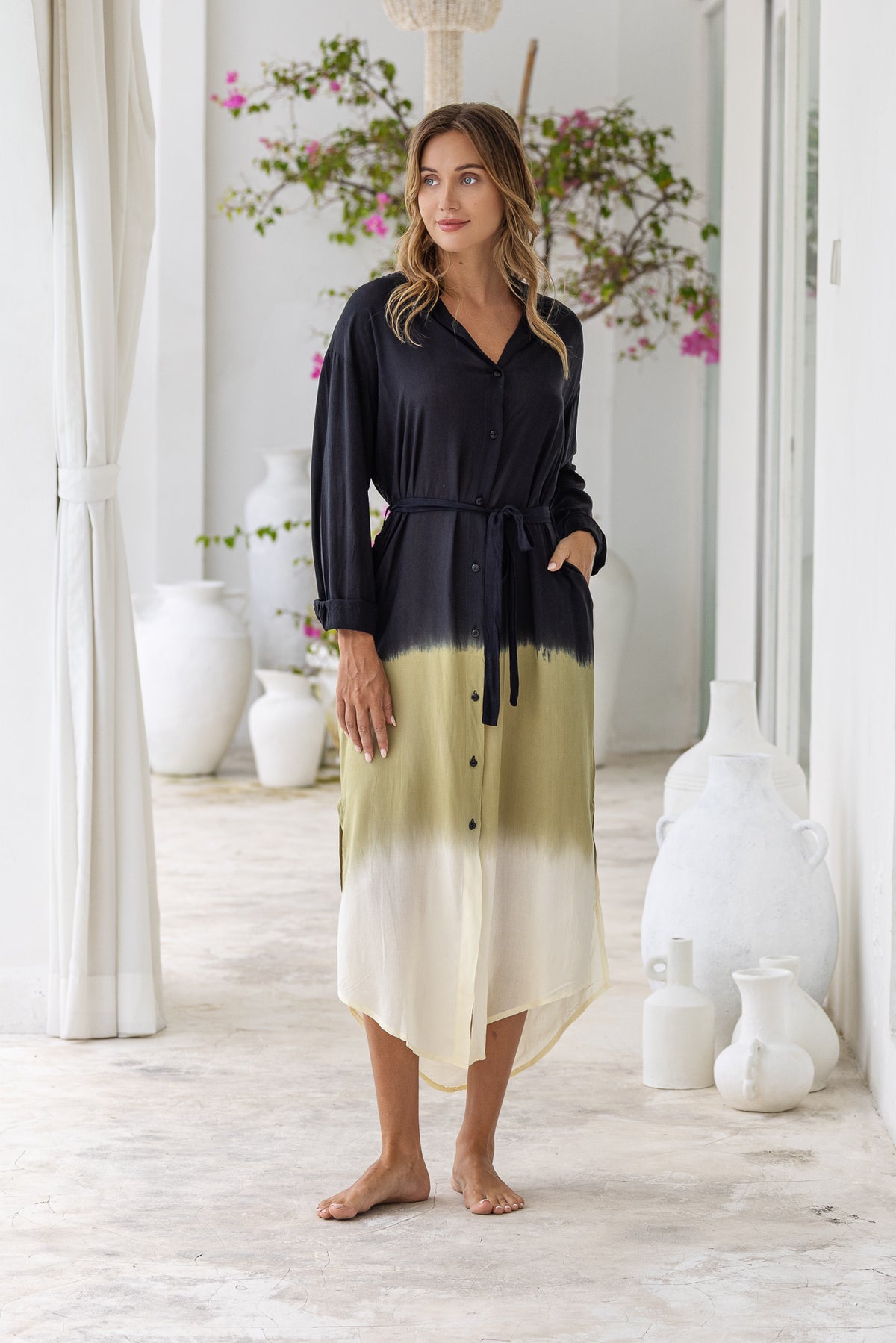 Womens Lisy maxi shirt dress in black ombré finish, in soft lightweight rayon, with  a button down front, cuffed long sleeves, side splits, discreet pockets and a detachable belt.