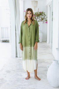 Womens Lisy maxi shirt dress in khaki ombré finish, in soft lightweight rayon, with  a button down front, cuffed long sleeves, side splits, discreet pockets and a detachable belt.