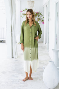 Womens Lisy maxi shirt dress in khaki ombré finish, in soft lightweight rayon, with  a button down front, cuffed long sleeves, side splits, discreet pockets and a detachable belt.