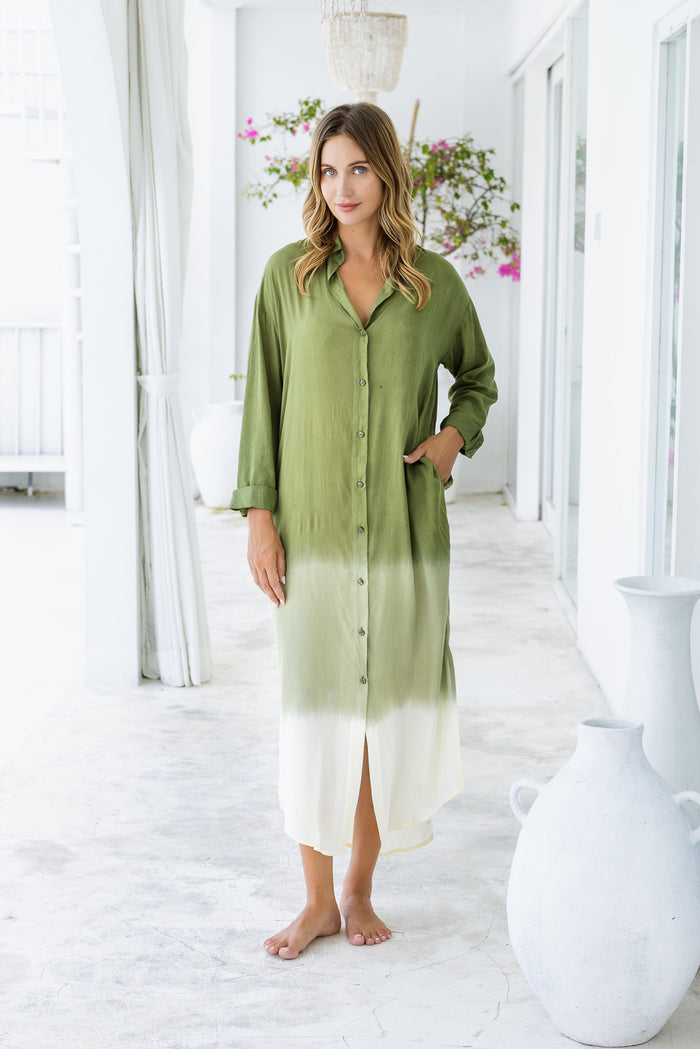 Womens Lisy maxi shirt dress in khaki ombré finish, in soft lightweight rayon, with  a button down front, cuffed long sleeves, side splits, discreet pockets and a detachable belt.