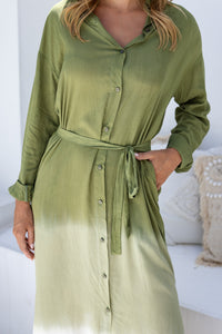 Womens Lisy maxi shirt dress in khaki ombré finish, in soft lightweight rayon, with  a button down front, cuffed long sleeves, side splits, discreet pockets and a detachable belt.