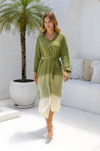 Womens Lisy maxi shirt dress in khaki ombré finish, in soft lightweight rayon, with  a button down front, cuffed long sleeves, side splits, discreet pockets and a detachable belt.