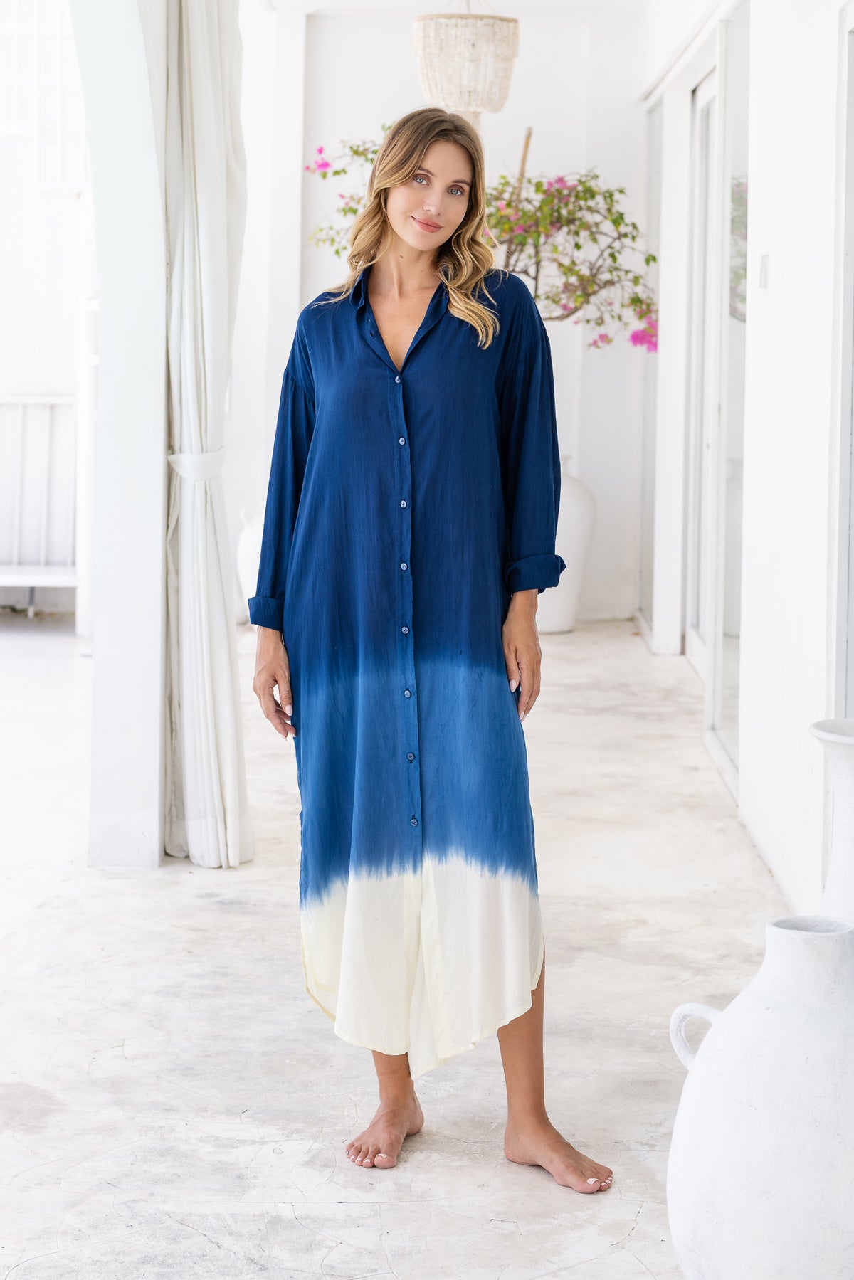 Womens Lisy maxi shirt dress in navy ombré finish, in soft lightweight rayon, with  a button down front, cuffed long sleeves, side splits, discreet pockets and a detachable belt.