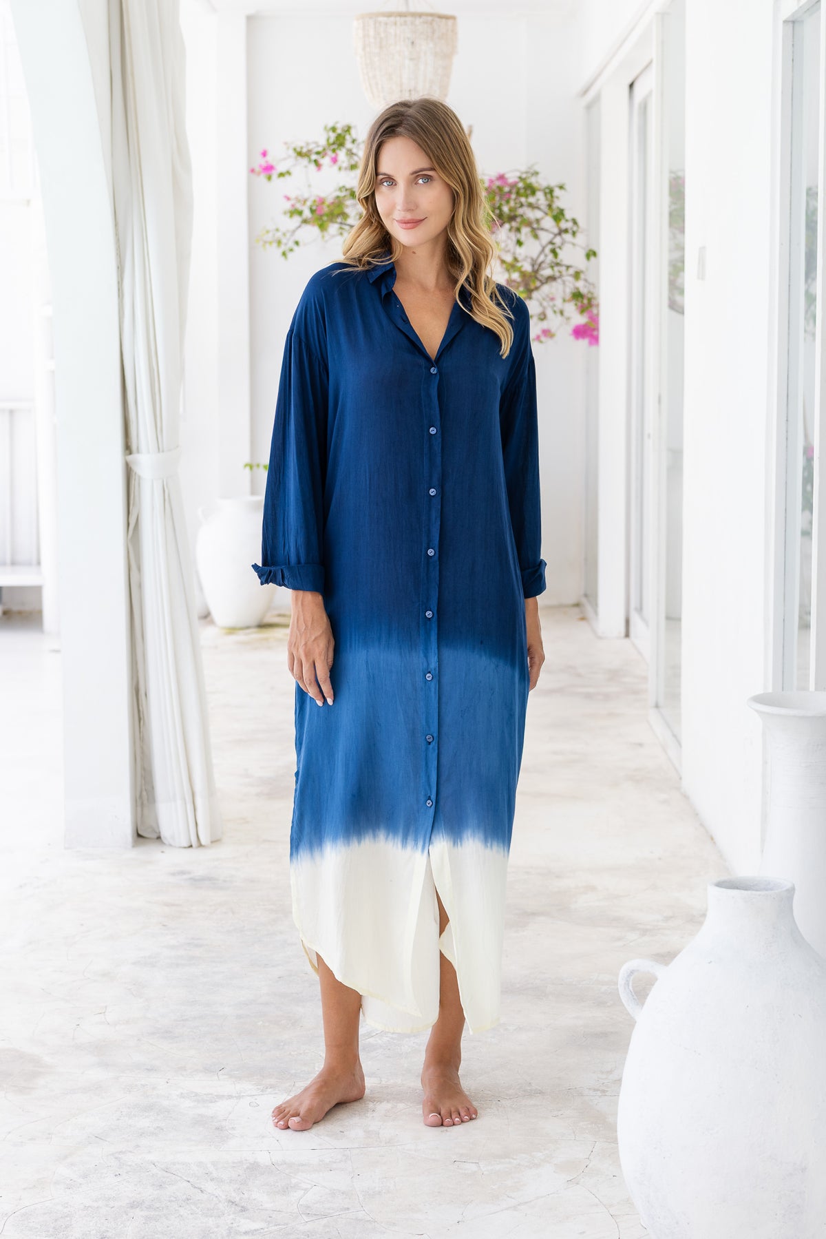 Womens Lisy maxi shirt dress in navy ombré finish, in soft lightweight rayon, with  a button down front, cuffed long sleeves, side splits, discreet pockets and a detachable belt.