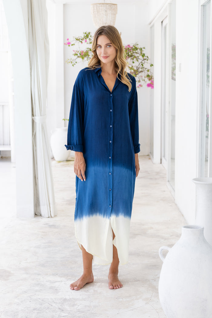 Womens Lisy maxi shirt dress in navy ombré finish, in soft lightweight rayon, with  a button down front, cuffed long sleeves, side splits, discreet pockets and a detachable belt.
