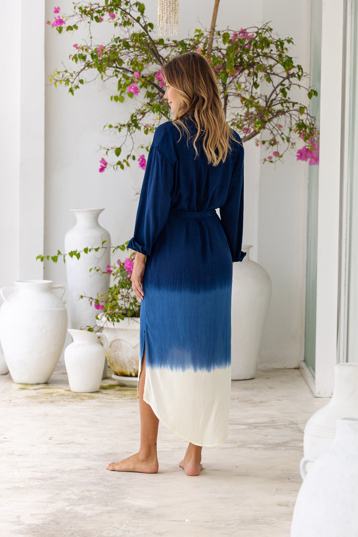 Womens Lisy maxi shirt dress in navy ombré finish, in soft lightweight rayon, with  a button down front, cuffed long sleeves, side splits, discreet pockets and a detachable belt.